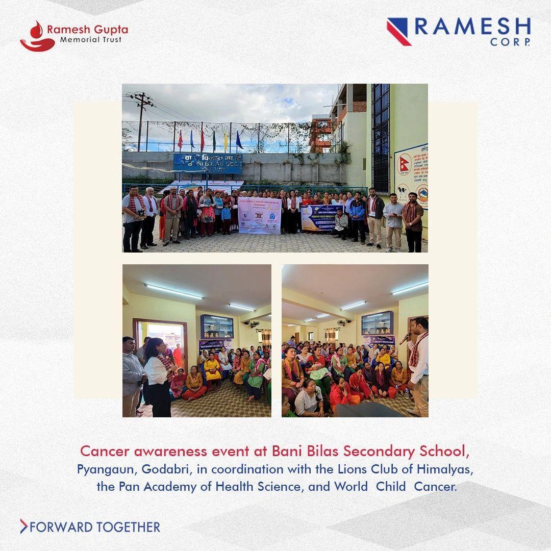 Cancer awareness event at Bani Bilas Secondary School, Pyangaun, Godabari, in coordination with the Lions Club of Himalyas, the Pan Academy of Health Science, and World Child Cancer.